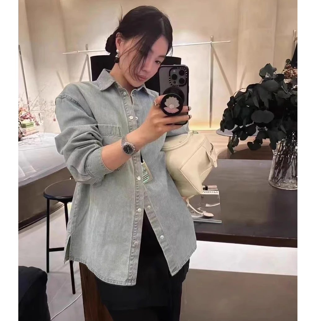 Statement 2025春季新款 向日葵欧尼同款 蓝色牛仔长袖衬衫女