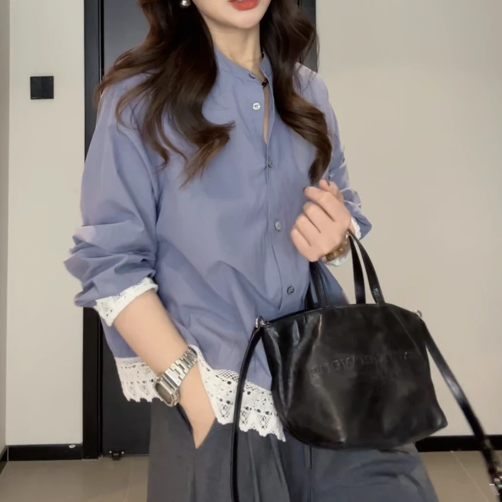【夏树繁花】天丝气质衬衫蕾丝拼接时尚休闲百搭简约长袖上衣女显瘦