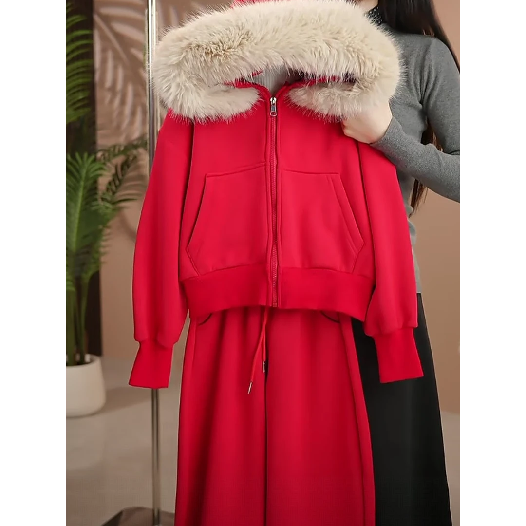 女童冬季时尚毛领棉服2025新款中大童休闲宽松加绒休闲裤两件套潮