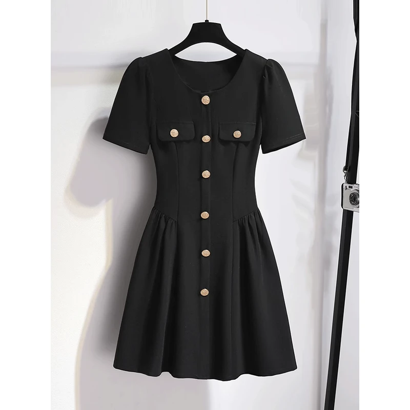 黑色小香风连衣裙女夏季2025新款高级感小个子显高法式赫本风裙子