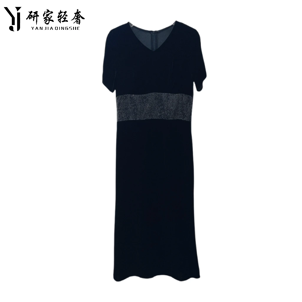 5836研家轻奢气质V领腰部拼接亮片真丝丝绒连衣裙