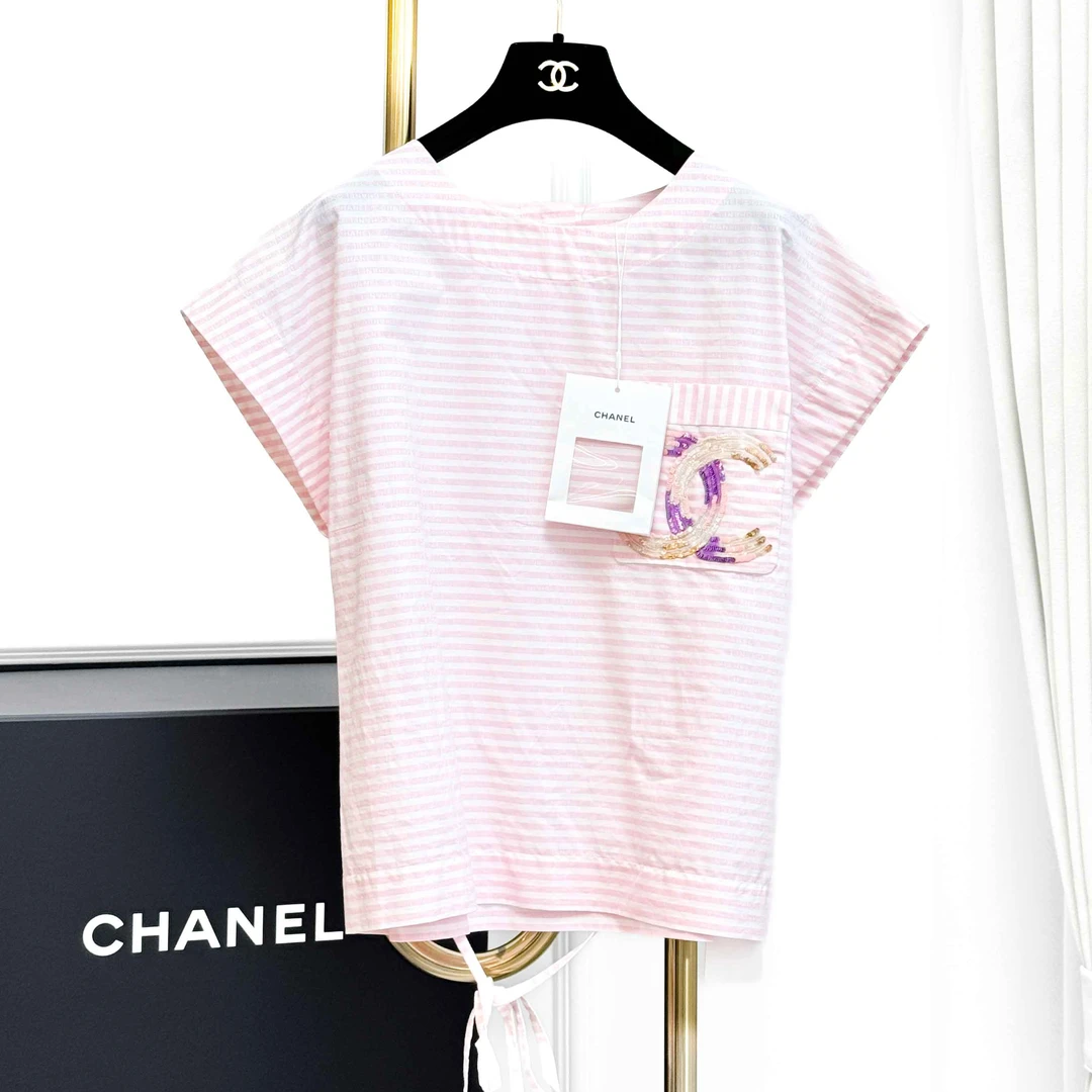 99新 Chanel/香奈儿 34码24C粉白条纹亮片双C无袖上衣