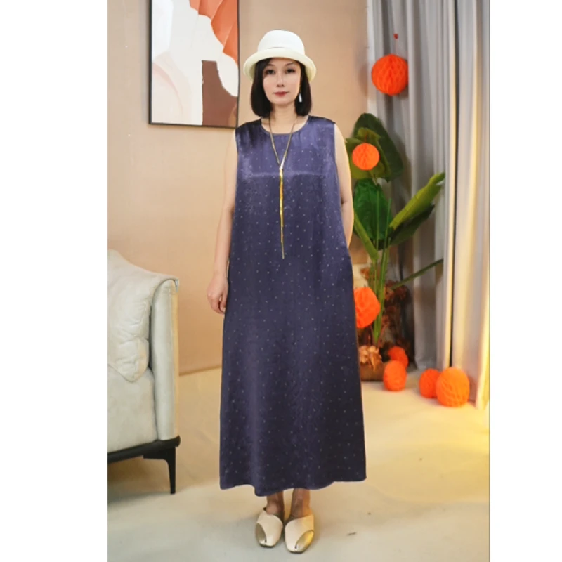 大码妈妈装醋酸背心裙气质减龄加宽加大无袖时尚波点连衣裙中老年