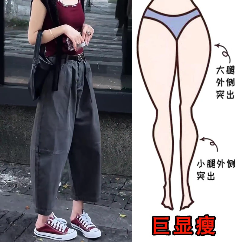 新款大码女装极简风高腰八分哈伦牛仔裤梨形身材显瘦复古工装裤