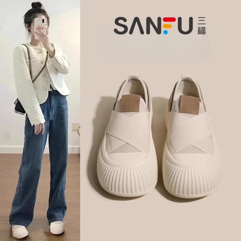 正品三福小白鞋女2025春秋新款透气帆布鞋一脚蹬厚底女鞋百搭板鞋