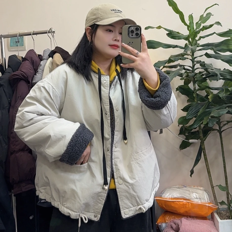 女圆领韩版复古单排扣一体毛里宽松派克服