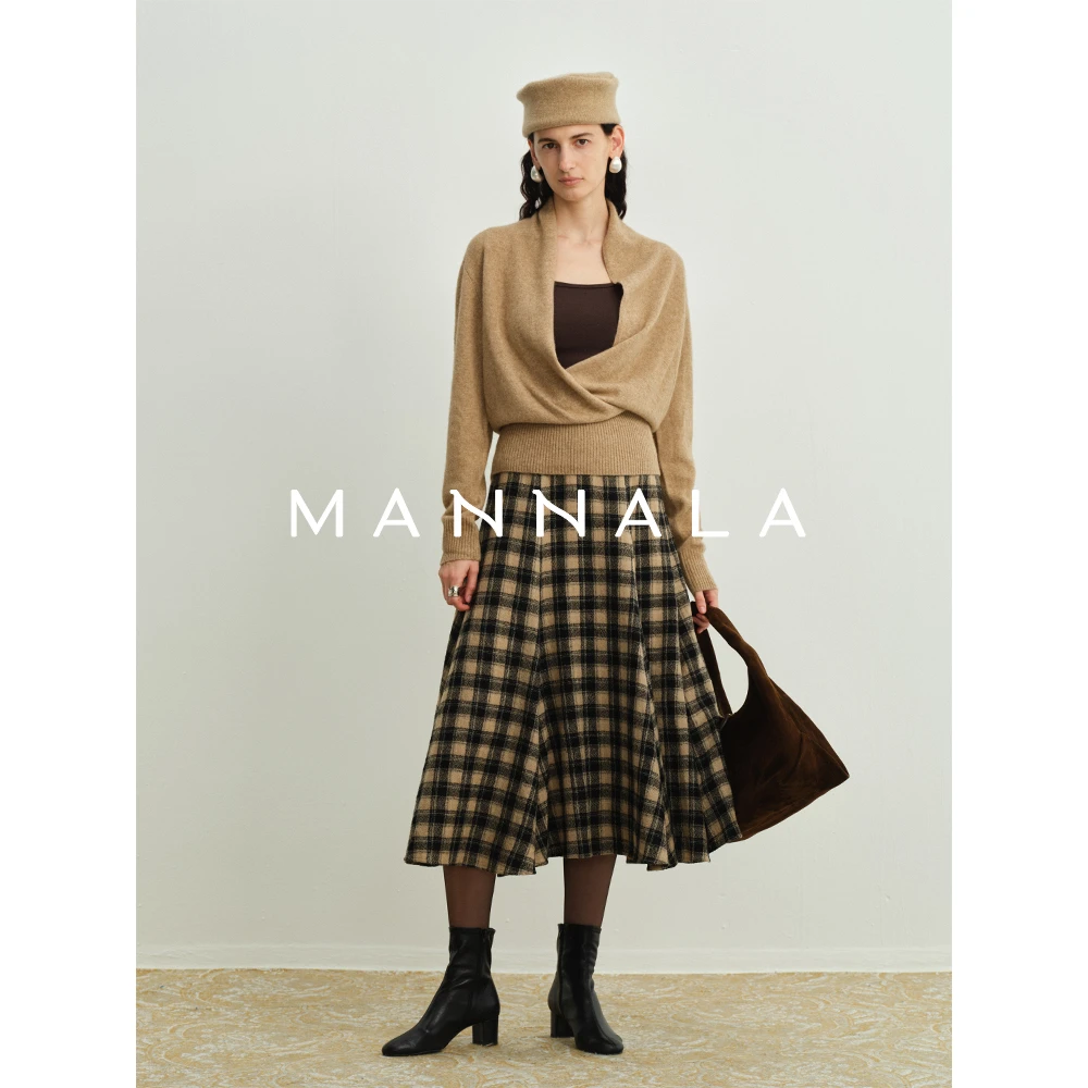 MANNALA丨“方块格”进口羊毛色织平纹布6片裁片格纹半身裙 Q9355