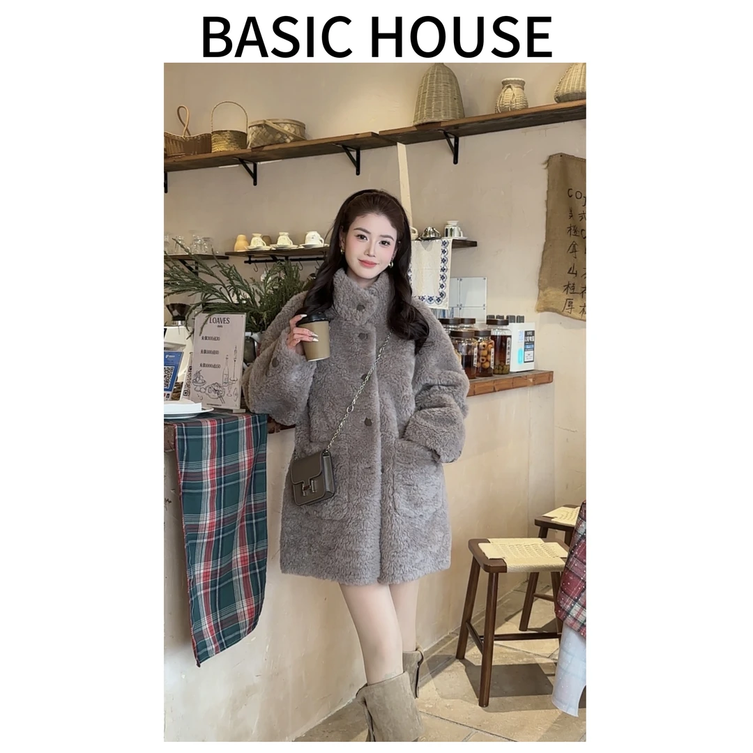Basic House/百家好新款颗粒羊毛冬季外套高端百搭中长款大衣女A