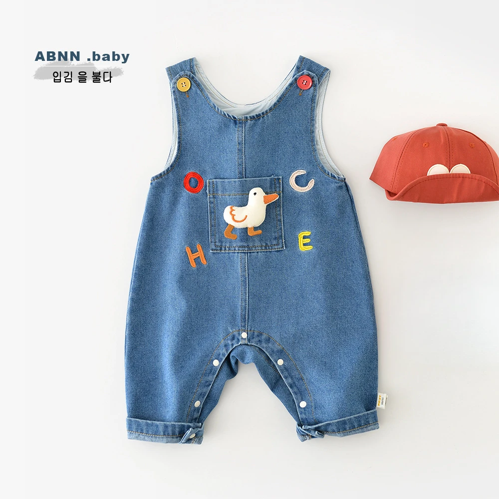 abnn春秋新款儿童卡通裤子男女宝宝新生儿小鸭子牛仔背带裤春款