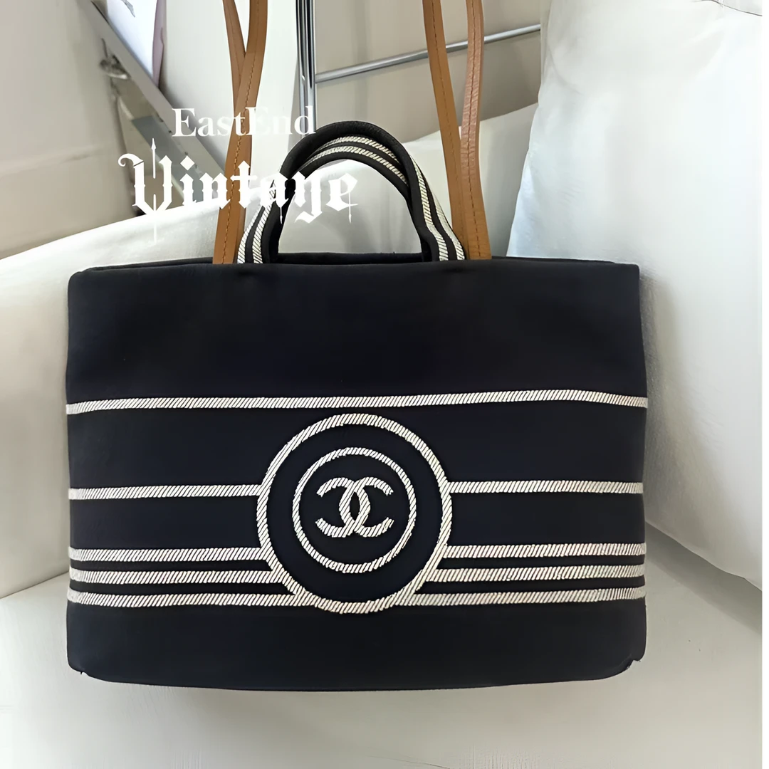 95新 Chanel/香奈儿 東区-Chanel牛仔蓝大号条纹沙滩单肩包/73612