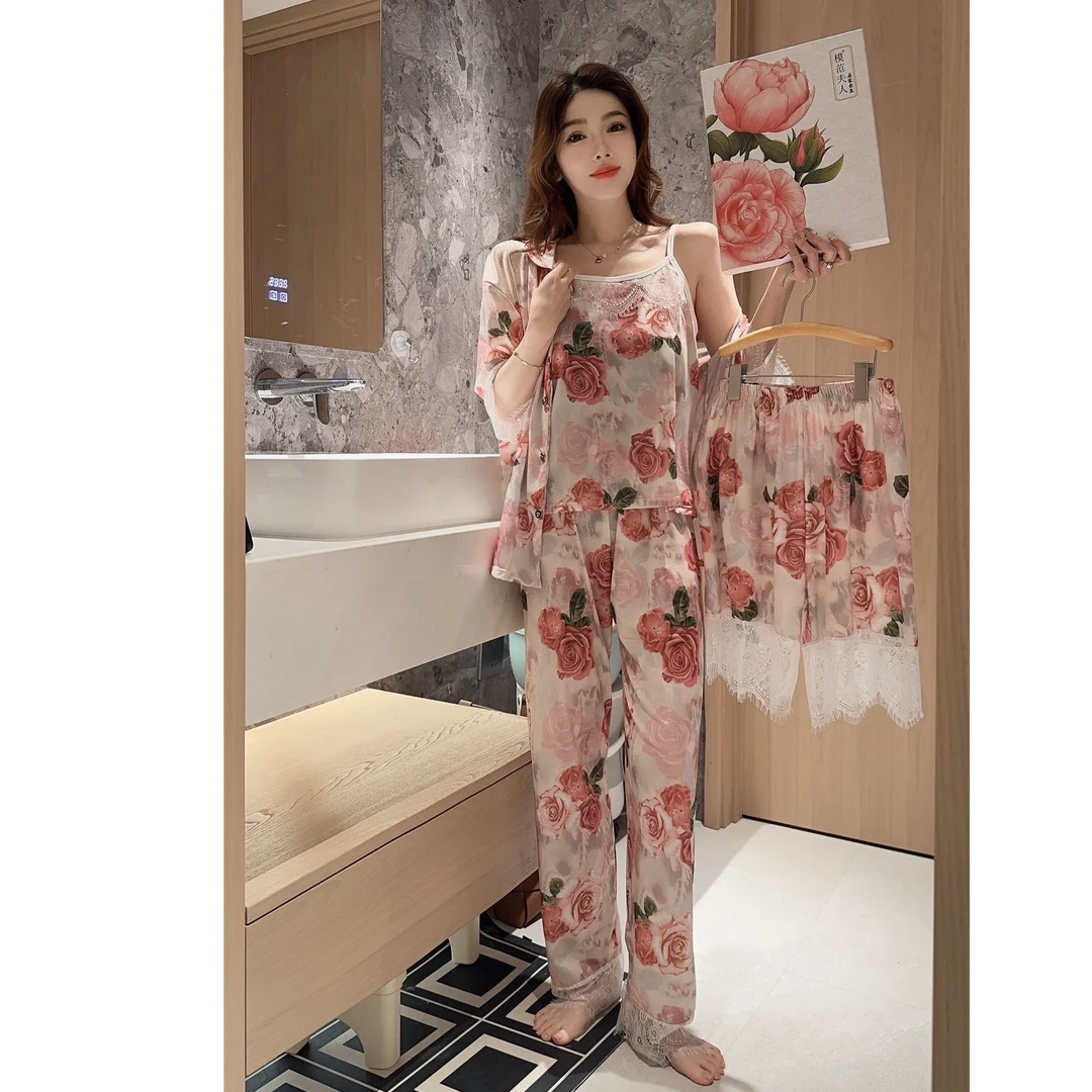 密码玫瑰四件套睡衣女宽松休闲法式浪漫印花家居服外穿睡衣礼盒装