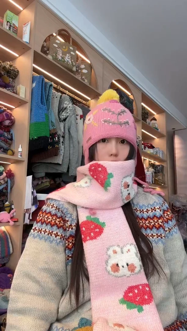 羊毛粉色小兔围巾
