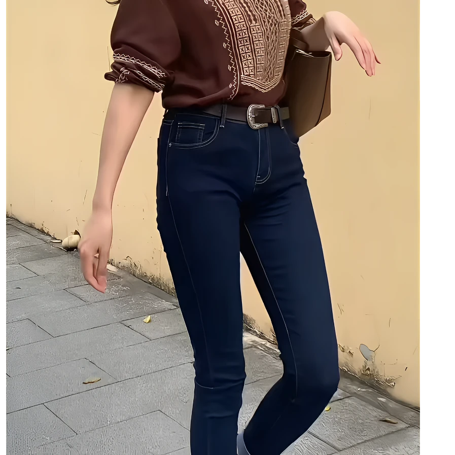 中高腰弹力牛仔裤 修身显瘦铅笔裤法式英伦百搭长裤女蓝色女士