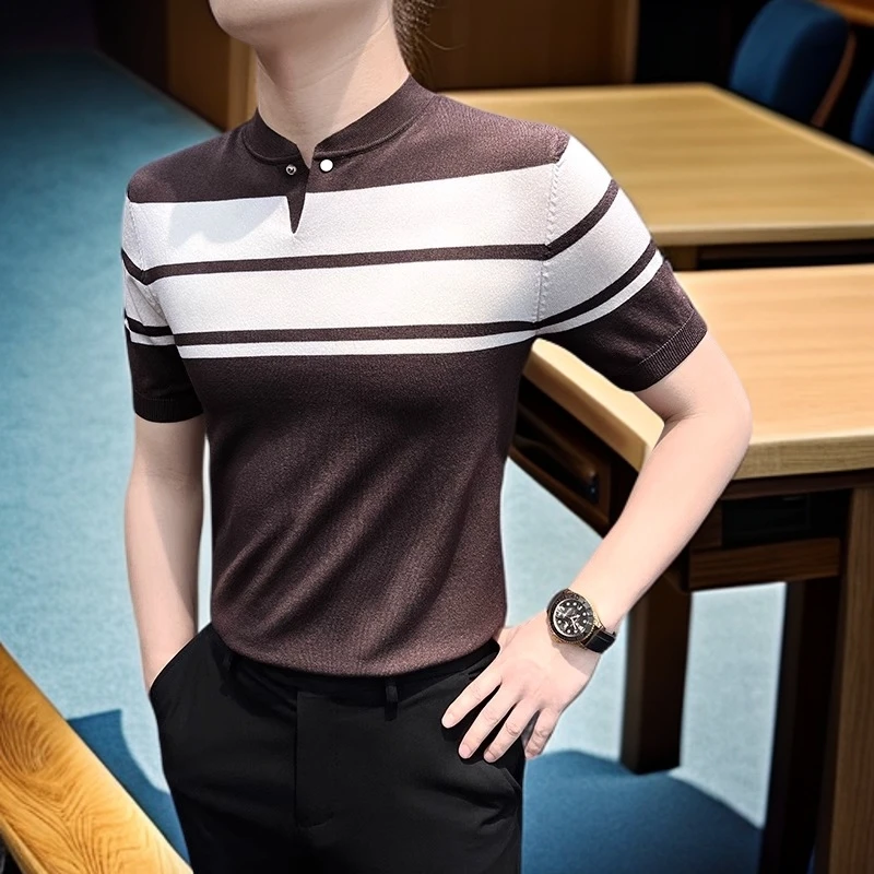 维斯克纳撞色立领t恤短袖男新款夏季薄款针织冰丝无领上衣男款