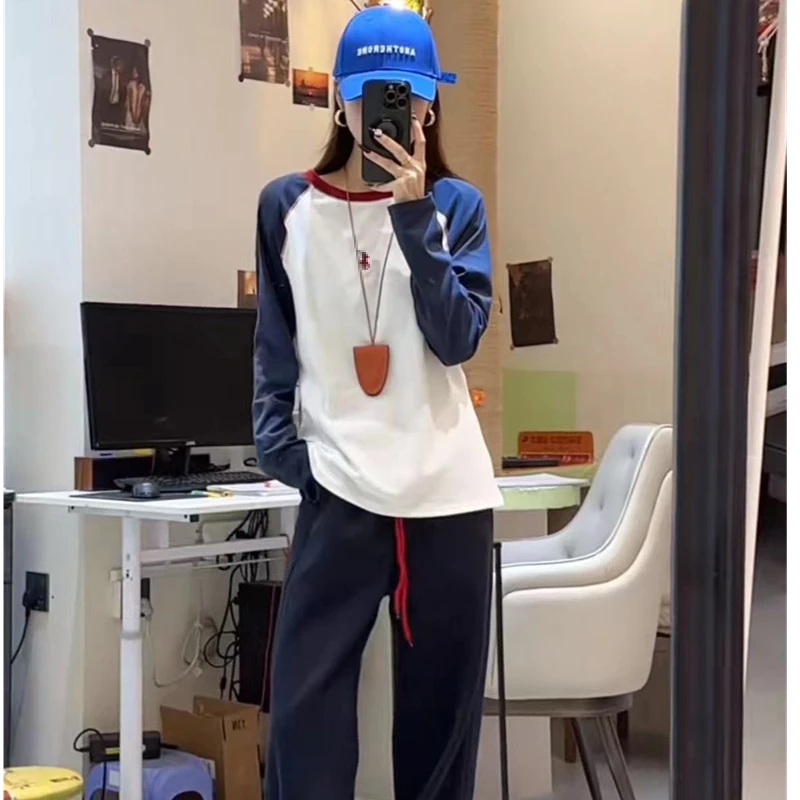 欧货时尚撞色圆领正肩长袖T恤女2025秋季新款设计感休闲百搭上衣