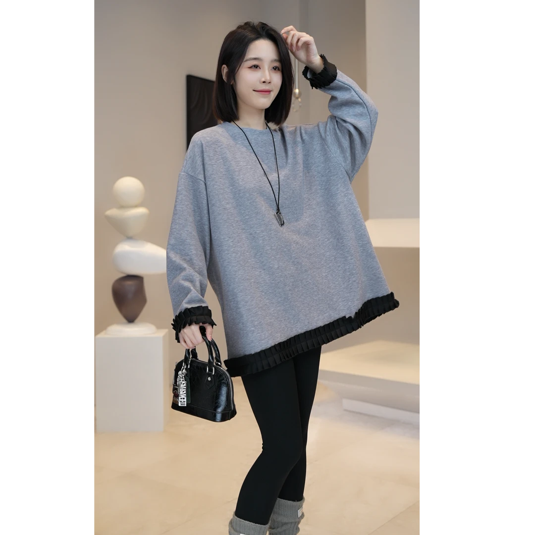 【YUE YUE】韩系圆领下摆拼接百褶长袖磨毛卫衣T恤W972