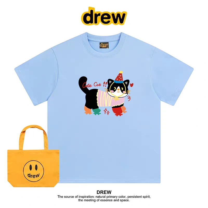 Drew美式擦画猫咪印花情侣纯棉短袖T恤男女休闲宽松半袖ins夏装潮