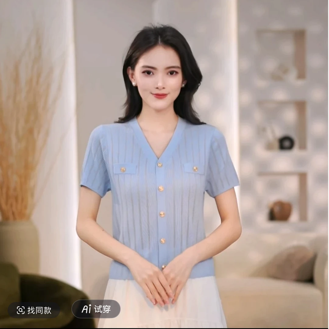 V领直筒型女长袖仙女风毛针织衫衬衫休闲开衫气质