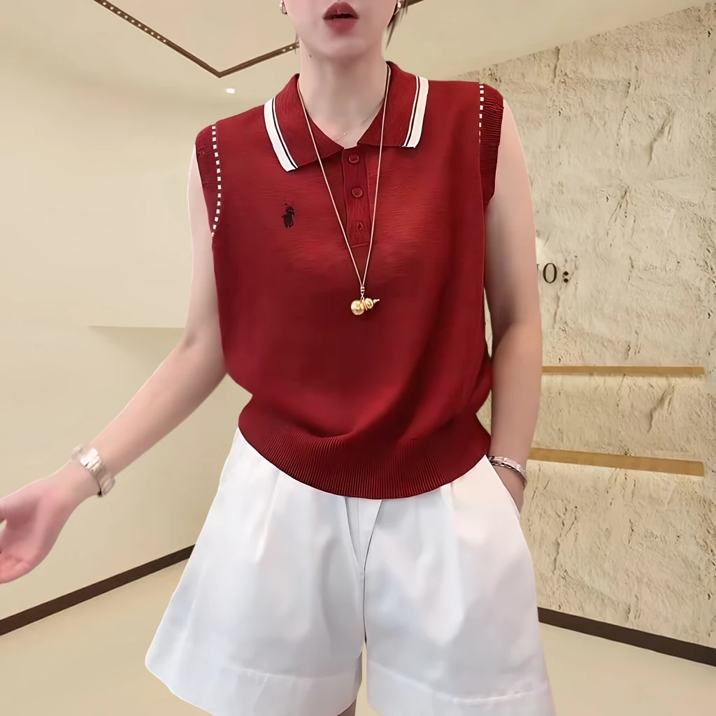 韩版刺绣POLO领针织短袖女款2025夏季新款韩版宽松休闲显瘦针织衫