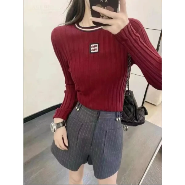 学院风字母条纹拼色圆领针织衫D-24644