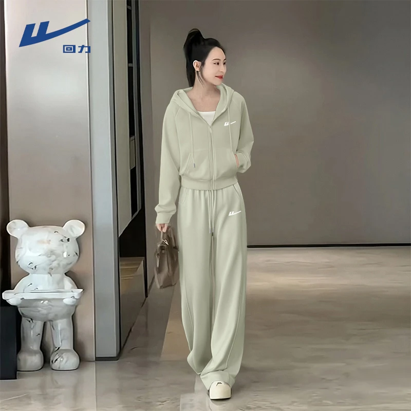 回力绿色运动套装女2025秋季新款短款宽松卫衣外套阔腿裤两件装X
