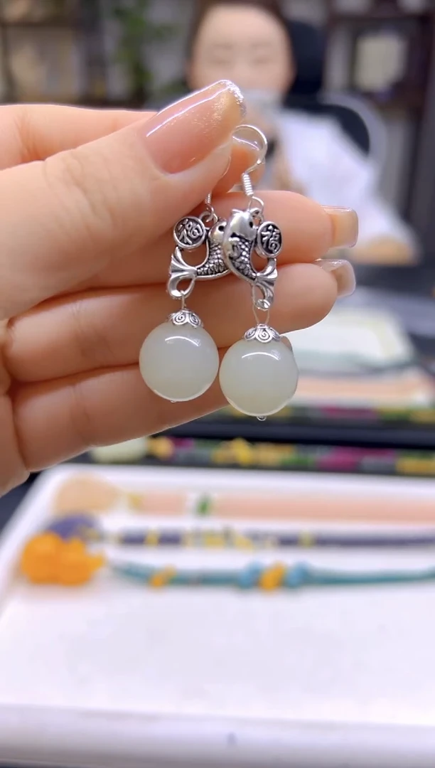 和田玉（白玉）银S925镶嵌耳饰DIY款E783