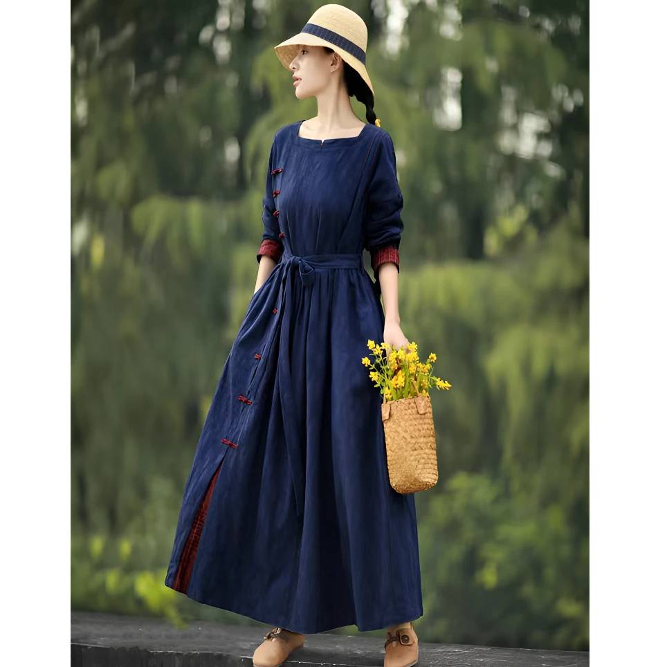 撞色亚麻提花连衣裙女2025秋冬新款文艺复古宽松收腰显瘦气质长裙