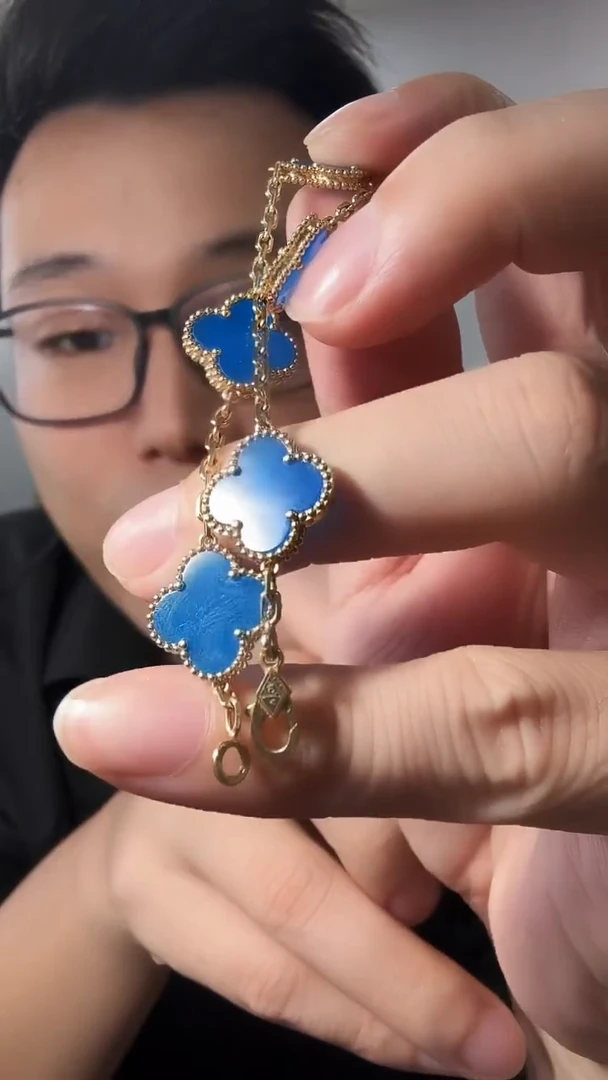 18K金镶嵌手链玛瑙/玉髓蓝色k黄，五花手链
