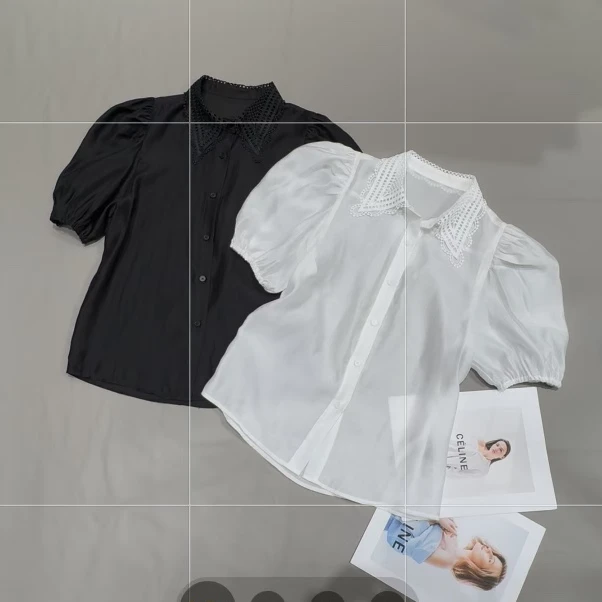 14135两色净版提花领口短袖上衣衬衫