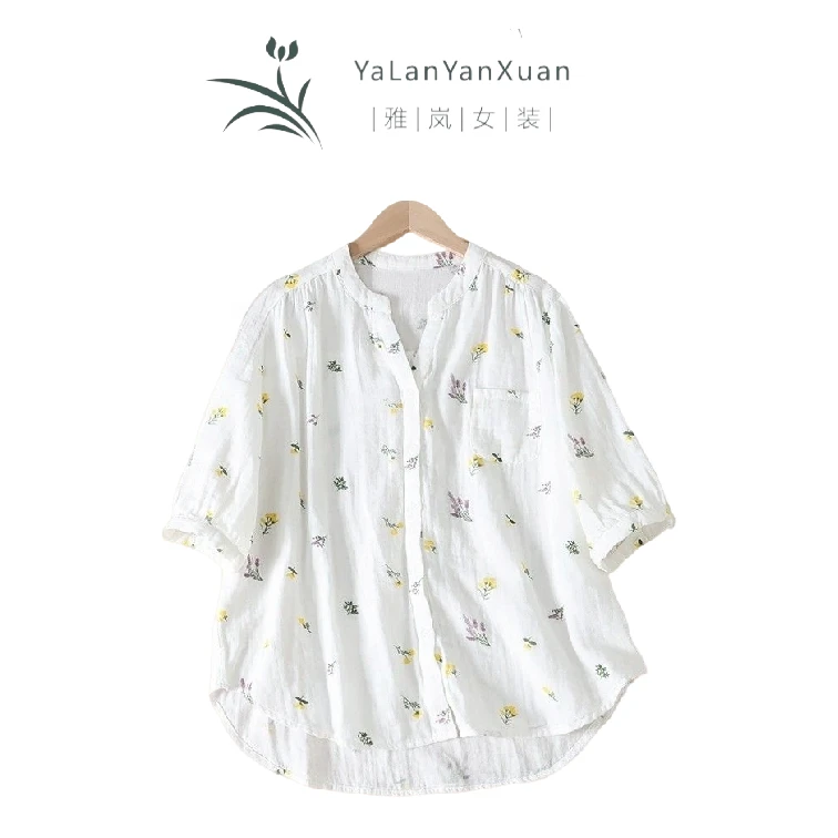 【雅岚女装】时尚洋气显瘦花朵印花纯棉纱五分袖衬衫新款夏宽松文艺