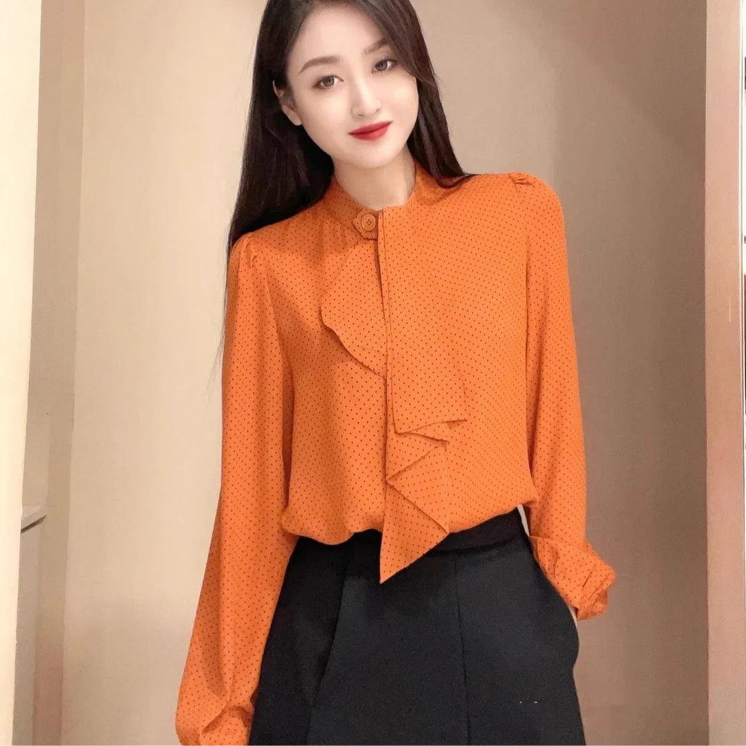 【专柜品质}】春秋新款气质优雅雪纺飘带长袖衬衫女1300744