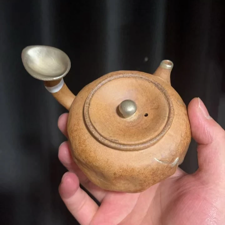 F08鎏银灵芝侧把老岩泥磨砂感茶壶