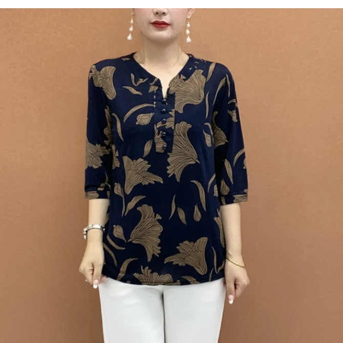 五粒扣立领七分袖修身漂亮舒适妈妈小衫夏季新款上衣565