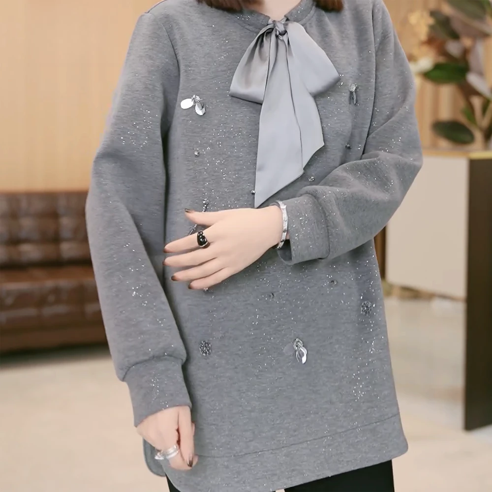 韩版时尚减龄气质洋气秋冬新款显瘦百搭中长款宽松长袖款加绒卫衣