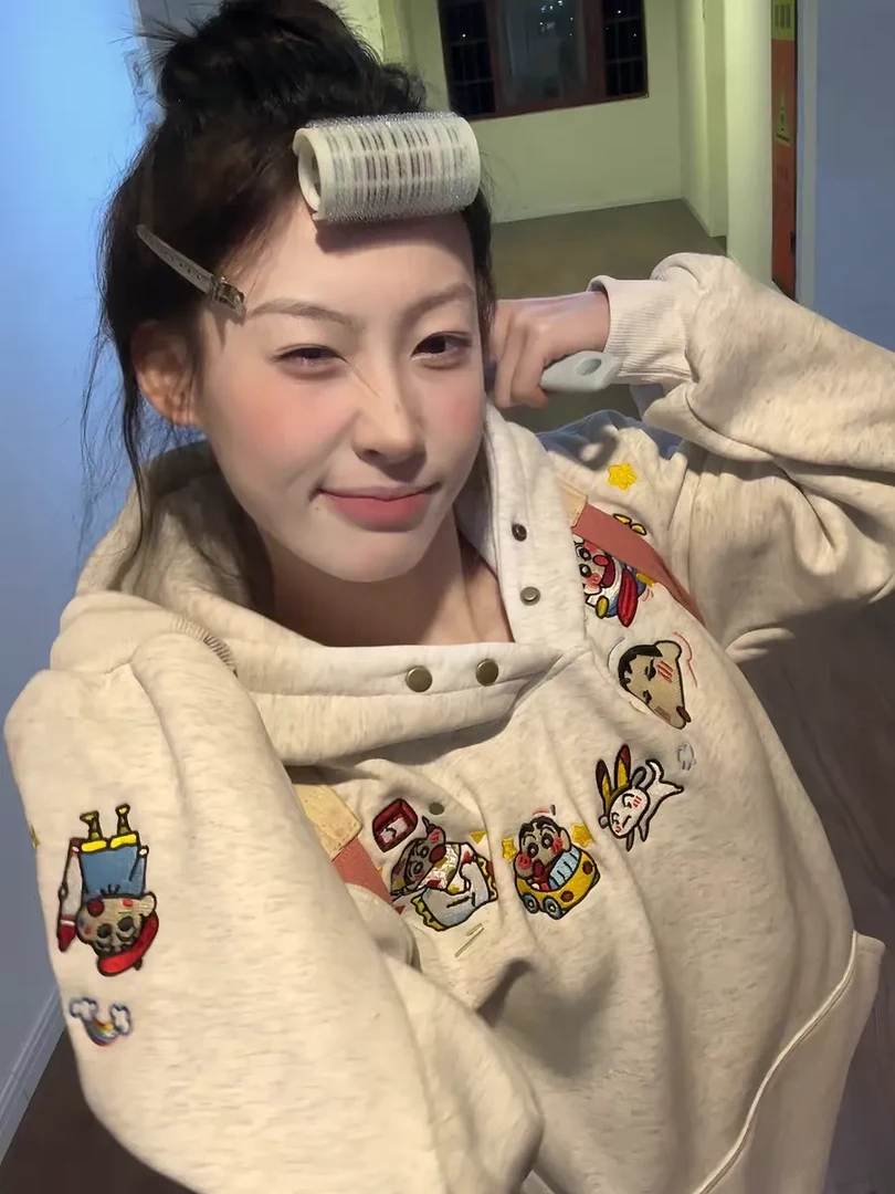 国潮牌甜美韩系刺绣连帽卫衣女2025春秋款慵懒风宽松加绒加厚上衣