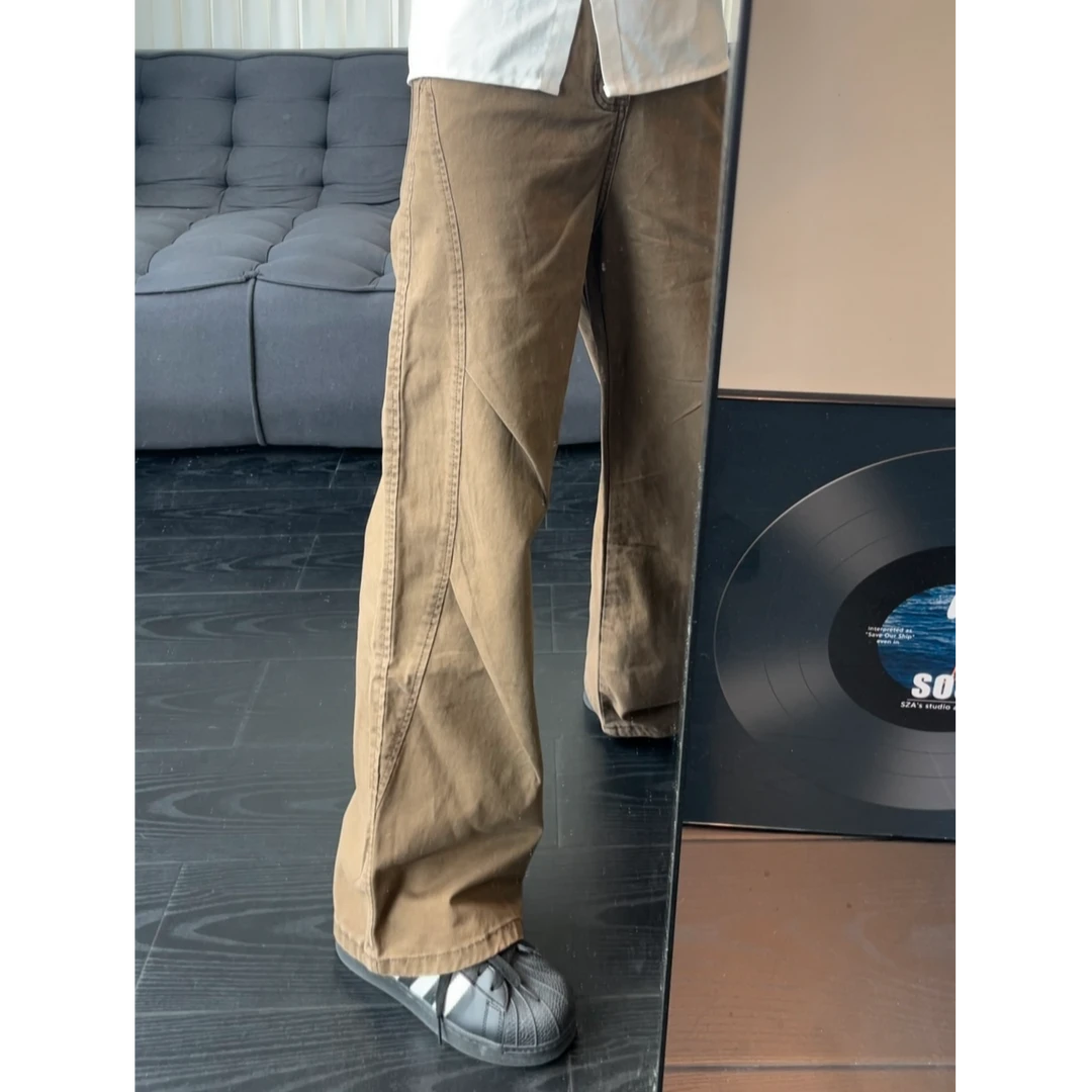 棕咖色牛仔裤男秋冬季直筒宽松美式复古休闲裤子潮牌vintage 裤子