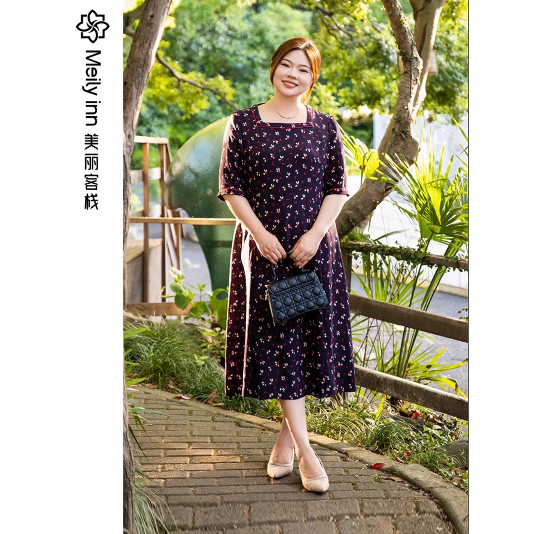 美丽客栈桑蚕丝双绉高级感轻奢连衣裙女大码胖mm五分袖显瘦长裙夏