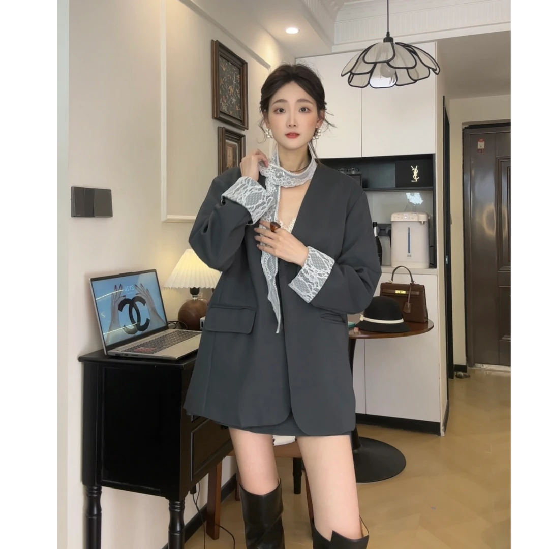 春夏流行蕾丝拼接飘带3296西装外套A字半身裙套装韩版减龄扩版