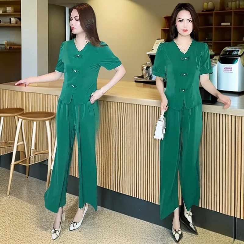 新中式时尚冰丝套装女2025夏季新款洋气显瘦盘扣短袖阔腿裤两件套