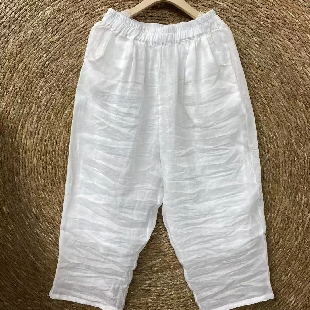 春夏新款100织苎麻纯色宽松大码品质国风带内衬松紧腰百搭小脚裤