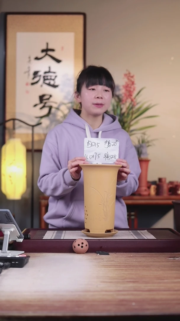 【闪购商品】紫砂花盆新款段泥高画线一只带托盘