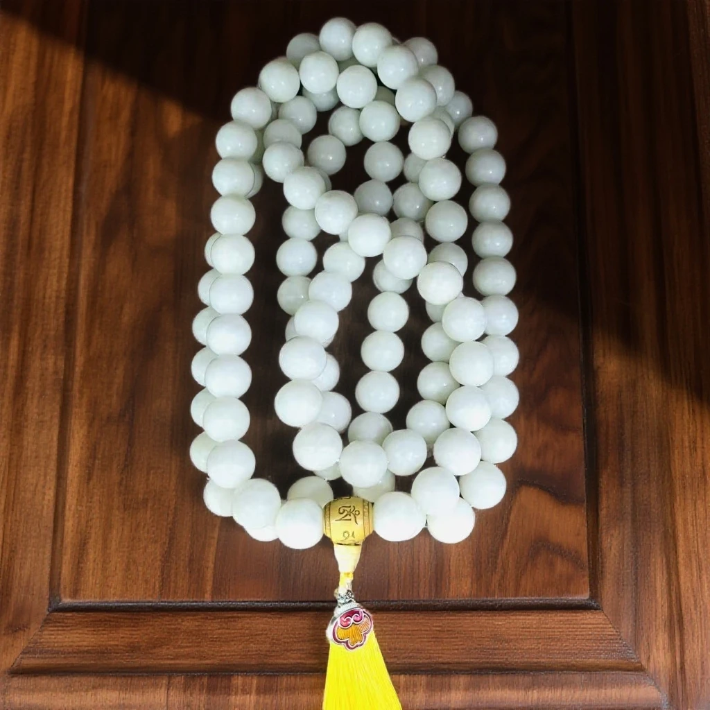 抖音质检先鉴后发出具和田玉证书天然和田玉白玉108颗挂珠+念珠