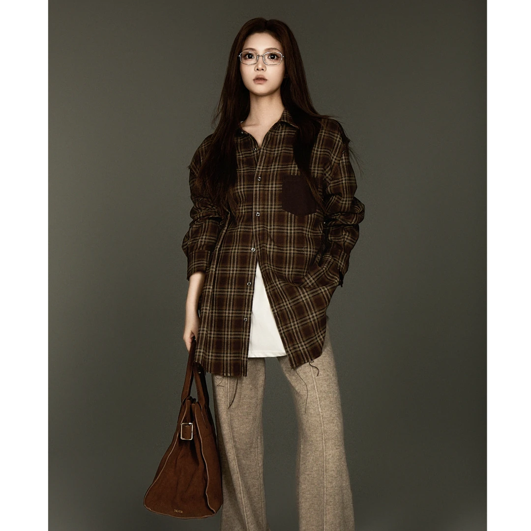 边格纹宽松衬衫衬衣复古衬衫长袖休闲小众印花XHCS0766