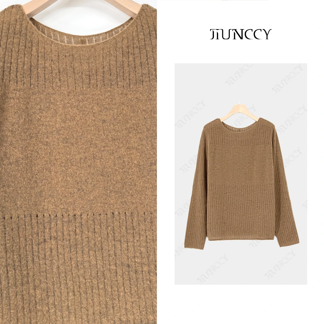 JIUNCCY【松葵】山羊绒羊驼毛羊毛混纺金葱竖坑条长袖针织 52YZZ140