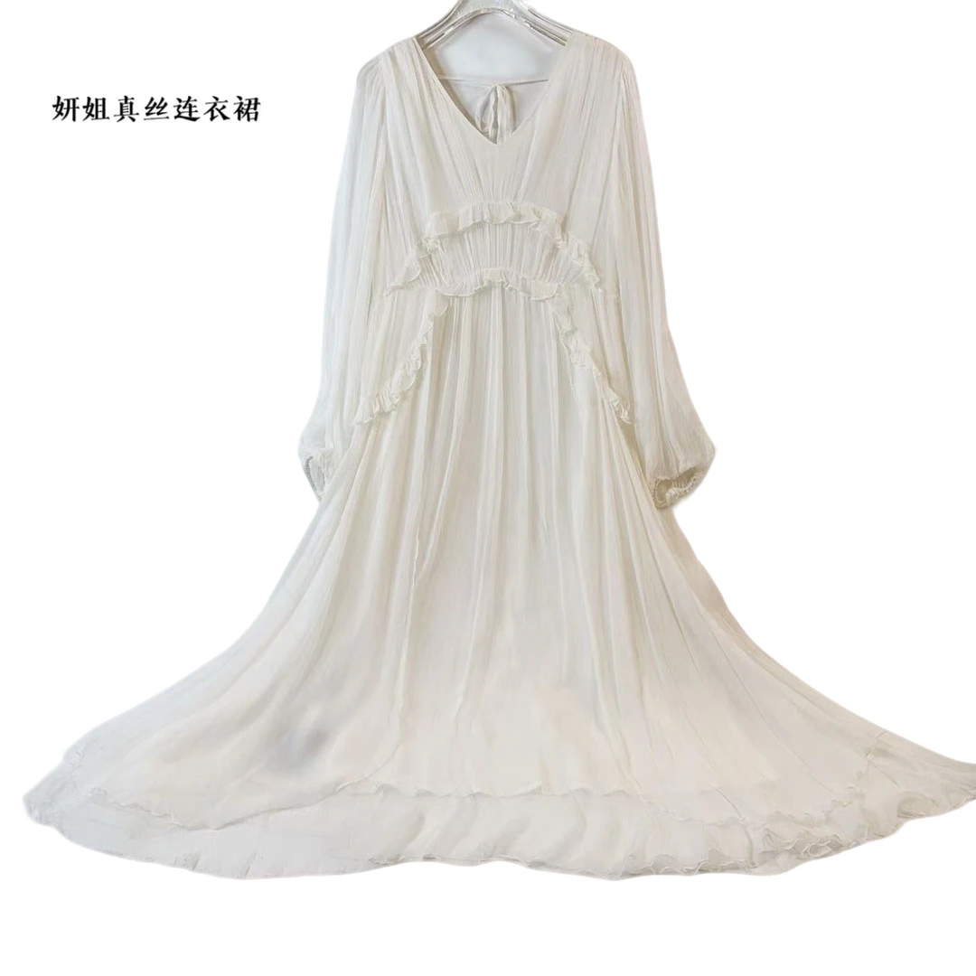 妍姐2025夏新款碎花V领修身高端走秀印花真丝连衣裙 白色 F2401