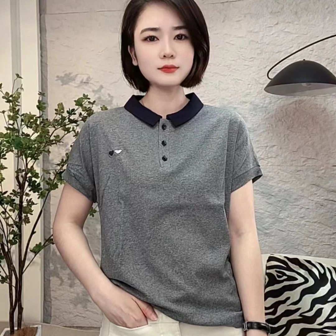 简约套装女士宽松短袖休闲风翻领纯色修身型T恤衬衫领时尚