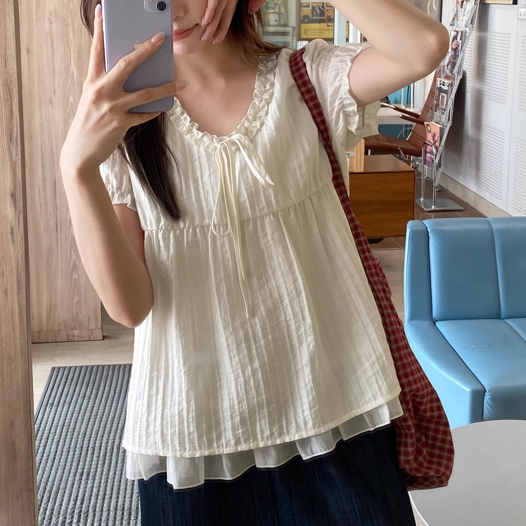 XWR韩系假两件木耳边系带上衣女夏季宽松显瘦甜美短袖娃娃小衫
