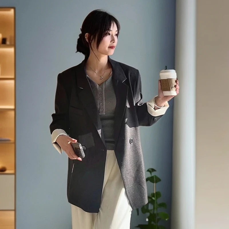 2025早秋休闲西装外套女装新款摩登灰宽松韩系上衣翻驳领西装外套