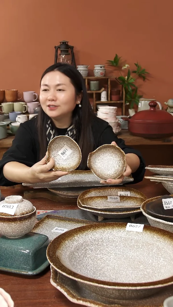 陶瓷B621 陶瓷复古雪花釉磨砂耳朵碗两件套