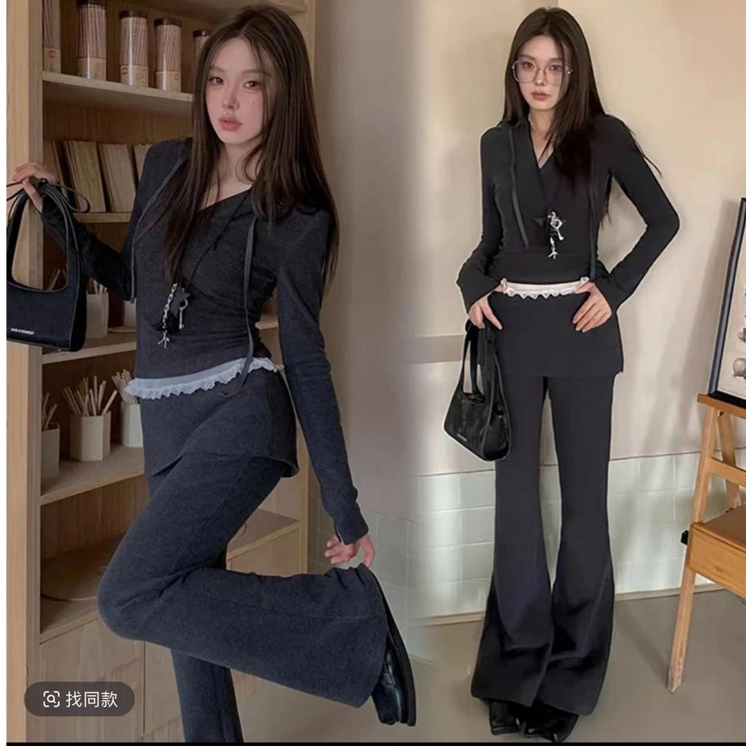 高腰直筒黑色喇叭裤显瘦休闲风蕾丝边上衣慵懒风时尚套装修身